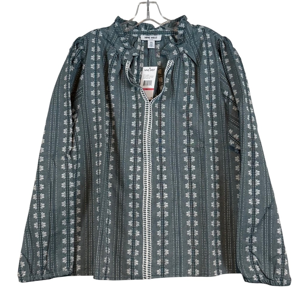 NWT Nine West Jeans Sea Moss Green Floral Stripe Ruffle Split Neck Blouse XXL